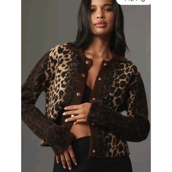 PILCRO Cheetah Cardigan Sweater Women's Size Xs Brown Motif - Picture 1 of 9